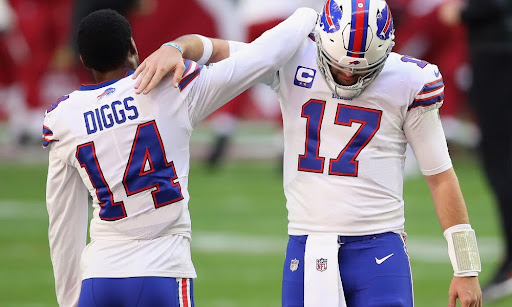 GLENDALE, ARIZONA - NOVEMBER 15: Quarterback Josh Allen #17 and wide receiver Stefon Diggs #14 of the Buffalo Bills talk before the NFL game against the Arizona Cardinals at State Farm Stadium on November 15, 2020 in Glendale, Arizona. The Cardinals defeated the Bills 32-30.  (Photo by Christian Petersen/Getty Images)