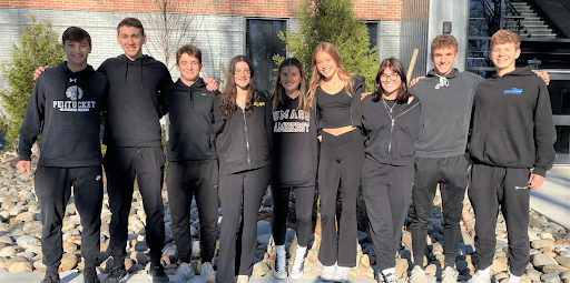 From left, Latin V Seniors Jackson Neumann, Yanni Kakouris, Trevor Kamuda, Katie Drislane, Caitlin Armao, Elizabeth Murphy, Grace Pherson, Owen Tedeschi and Stratton Seymour, created new words that have been accepted in an online dictionary. Not pictured: Julia Seeley. (Courtesy Pentucket Regional School District)
