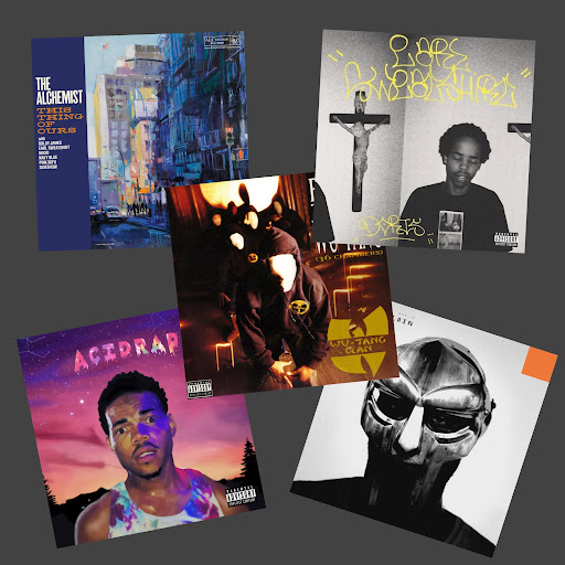 (Left to Right/Top to Bottom: This Thing Of Ours - The Alchemist, Doris - Earl Sweatshirt, Enter The Wu-Tang (36 Chambers) - Wu-Tang Clan, Acid Rap - Chance The Rapper, Madvillainy - Madvillain)